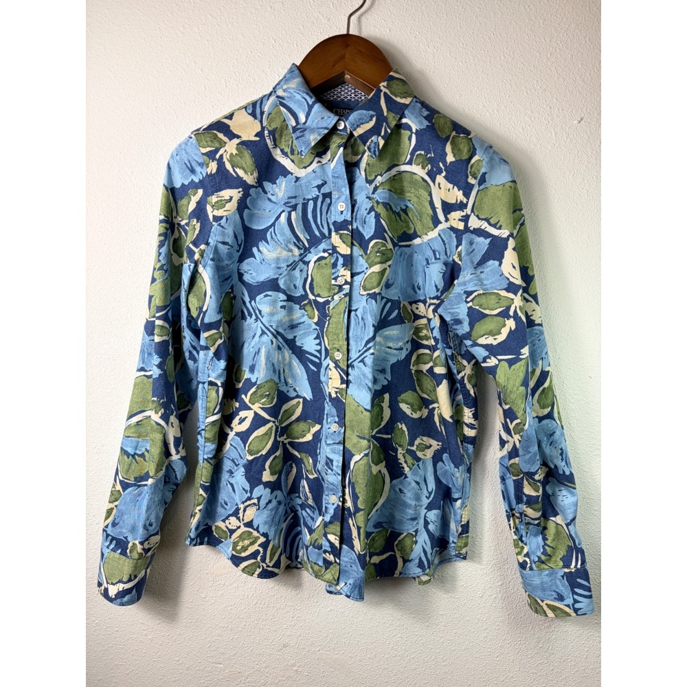 Chaps Womens No Iron Shirt Blue Green Floral Abstract Long Sleeve Long Sleeve L